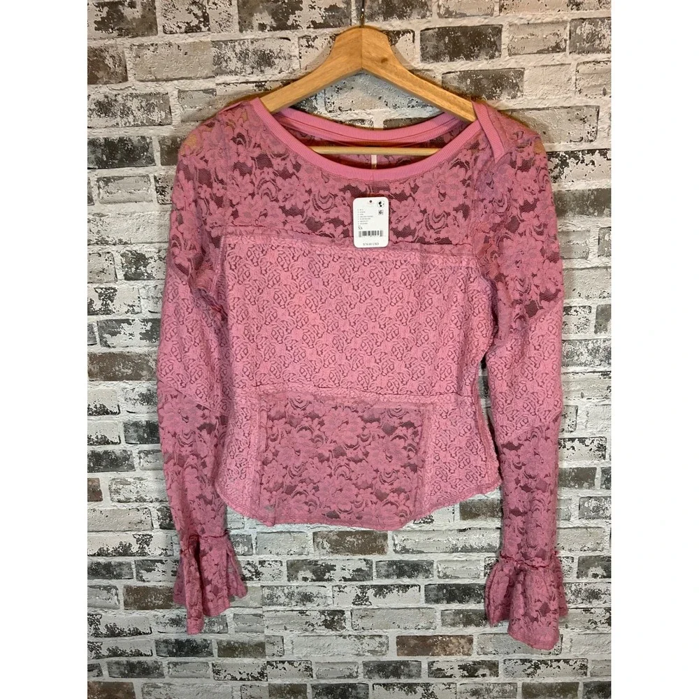 Free People Lace Top Women XS Orchid Smoke Floral Bell Sleeve Sheer Boho NEW